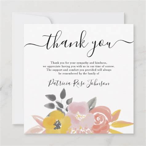 Watercolor Flowers Funeral Thank You Note Card Uk