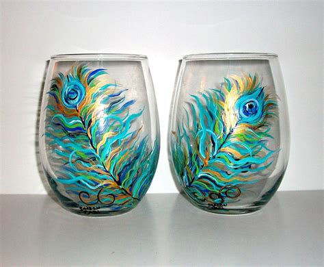 Peacock Feathers Hand Painted Stemless Wine Glasses Set Of 2 21 Oz Handpainted Wine Glasses