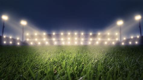 Soccer Stadium With Green Grass Field With Bright Floodlight Background