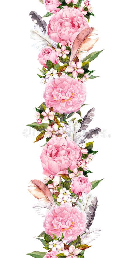 Floral Border With Pink Peony Flowers Cherry Blossom Feathers