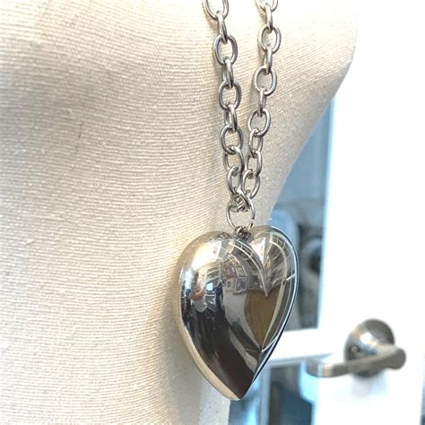 Sterling Silver Large Puff Heart Pendant Long Oval Link Chain Etsy