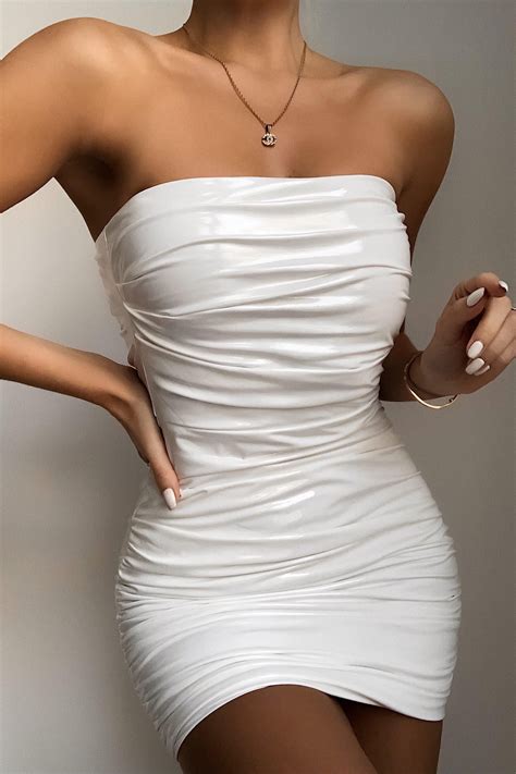Bandeau Ruched Bodycon Mini Dress In White Vinyl £4299 Missfloral