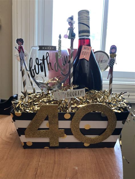 Help her ring in and welcome her 40th decade with items she will be happy to get and use too! 40th Birthday basket Wine glass basket Party basket ...