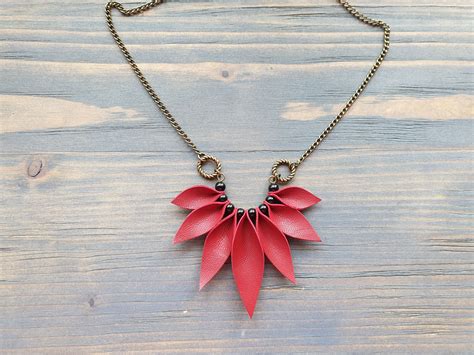 Red Necklace, Leather Necklace, Bronze Chain Necklace, Statement Necklace, Boho Necklace 