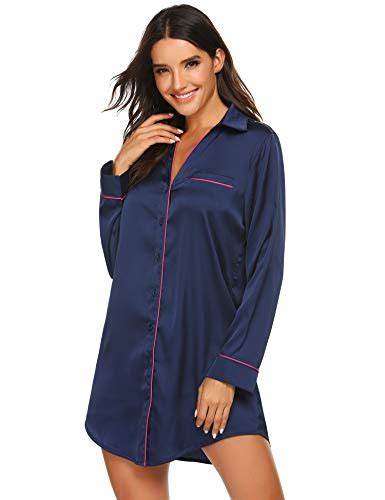 Ekouaer V Neck Sleepshirt Button Up Pajama Top Satin Loungewear Top Silk Housecoat For Women