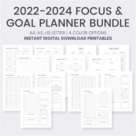 2022 2024 Minimalist Undated Goal Focus Printable Planner Bundle
