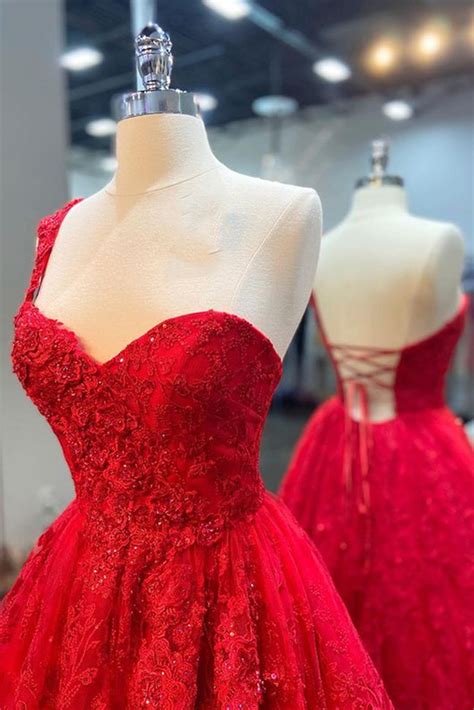 One Shoulder Red Lace Prom Dresses One Shoulder Red Lace Formal Eveni