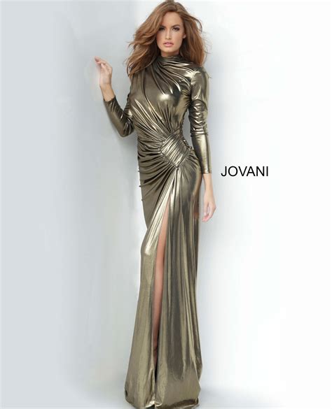 Jovani 3172 Metallic Gold Long Sleeve Ruched Prom Dress