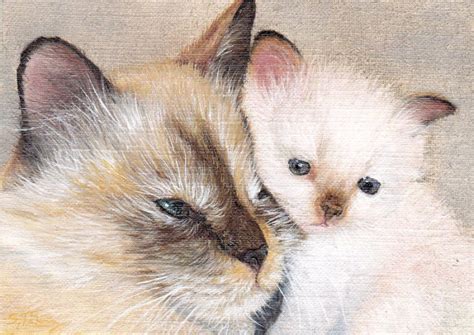 Aceo Original Atc Miniature Handpainted Oil Mother Cat With Kitten Su