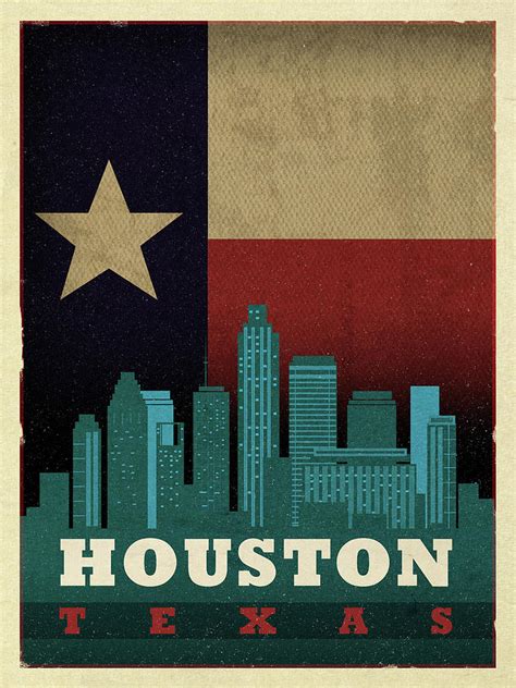Houston City Skyline State Flag Of Texas Art Poster Series 013 Mixed