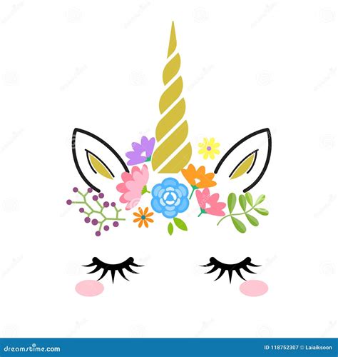 Cute Unicorn Face With Gold Horn And Flowers Isolated On White