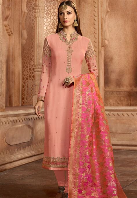 Pink Georgette Embroidered Straight Churidar Suit 12087 Churidar Suits Churidar Fashion