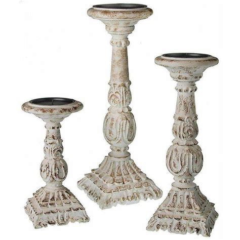 White Wood Carved Pillar Candle Holders Set Of 3 Adley And Company Inc