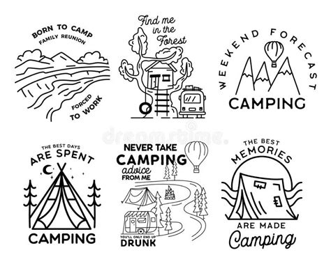 vintage line art logo designs set camping adventure badges with camp scenes camp label hiking
