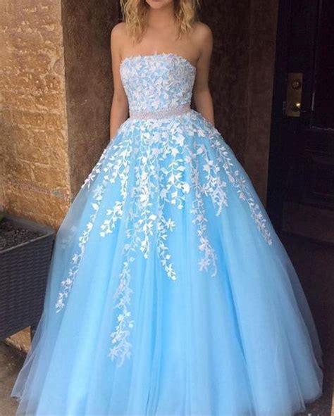 Sweet Baby Blue Strapsless Lace Tulle Girls Senior Prom Dress 2022 With