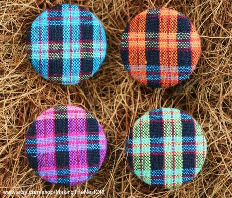 Bright Plaid Fabric Covered Buttons Set Of 4 Extra Large Magnets Or