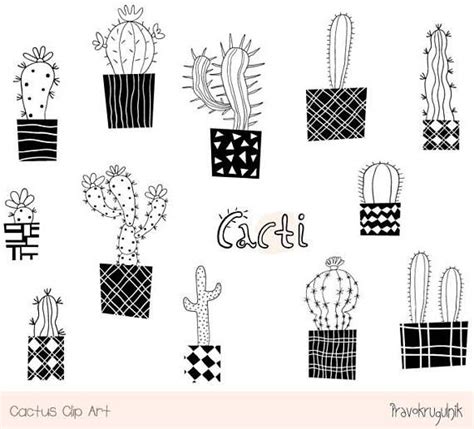 Cute Cactus Clipart Set Black And White Cacti Pot Clip Art Etsy