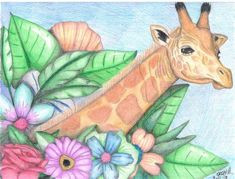 Giraffe And Flowers Drawing By Alison Powell