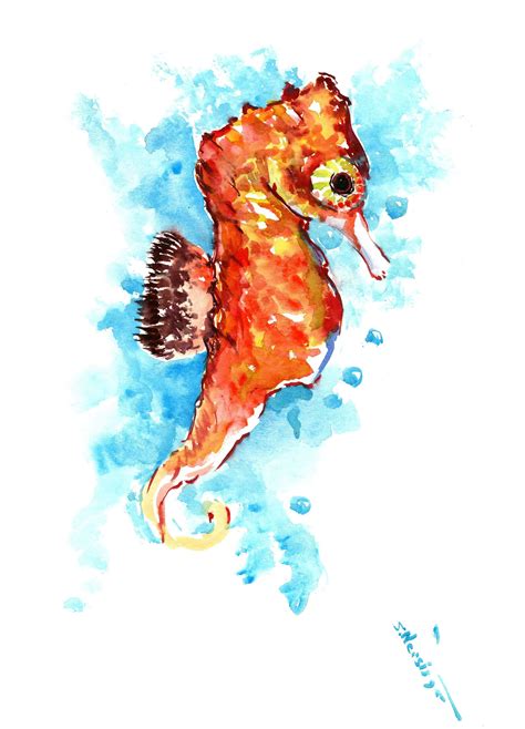 Seahorse Painting Original Watercolor Art Orange Aqua Blue Painting