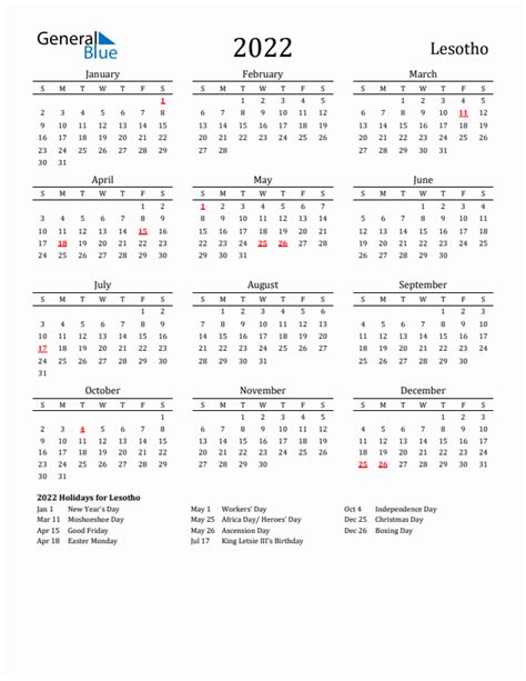 2022 Lesotho Calendar With Holidays