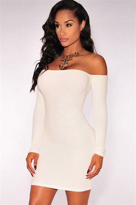 White Off Shoulder Long Sleeve Bodycon Dress Mini Dress White