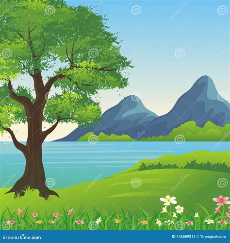 Beautiful Landscape Lovely And Cute Scenery Cartoon Design Stock