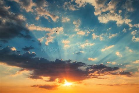Sunset Dramatic Sky Clouds With Sunbeam Stock Image Image Of Sunny