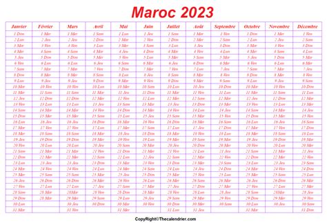 Modèle Imprimables Calendrier 2023 Maroc Et Jour Féries
