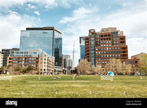 Denver Colorado May 1st 2020 View Of Commons Park With Apartments