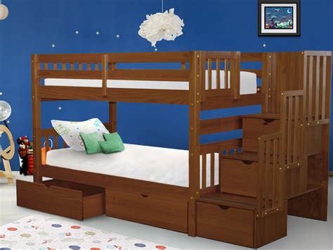 Bedz King Stairway Bunk Beds Twin Over Twin With 3 Drawers In The Steps And 2 Under Bed Drawers
