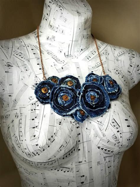 Denim Flower Necklace Repurposed Recycled Upcycled Jewelry Etsy