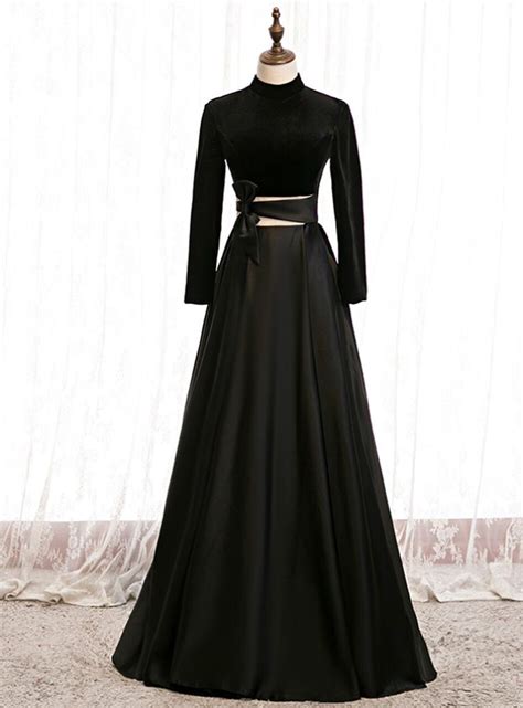 A Line Black Satin High Neck Long Sleeve Prom Dress PL1413 Prom