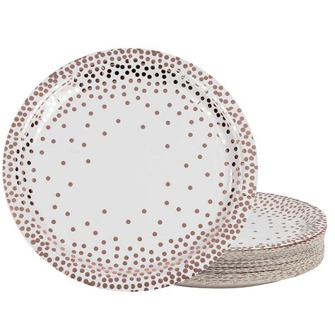 48 Count Rose Gold Party Paper Plates 9 Metallic Rose Gold Foil Polka