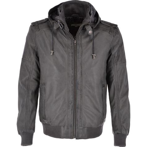 Leather Hooded Bomber Jacket Grey Addison