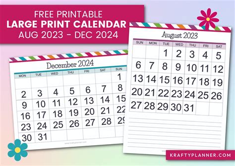 Free Printable Large Print Calendars August 2023 December 2024
