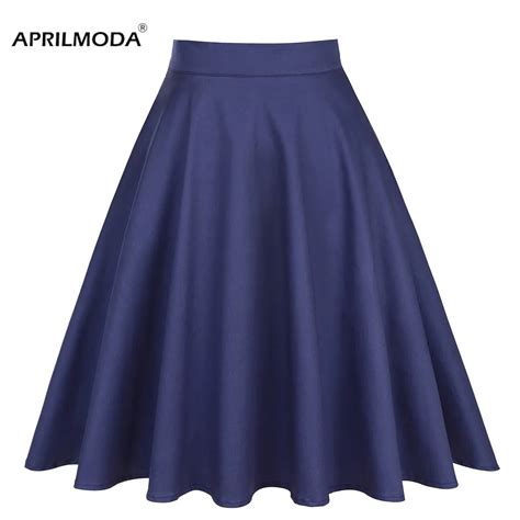 50s Vintage Hepburn Big Swing Skirts 2018 Navy Blue High Waist Summer