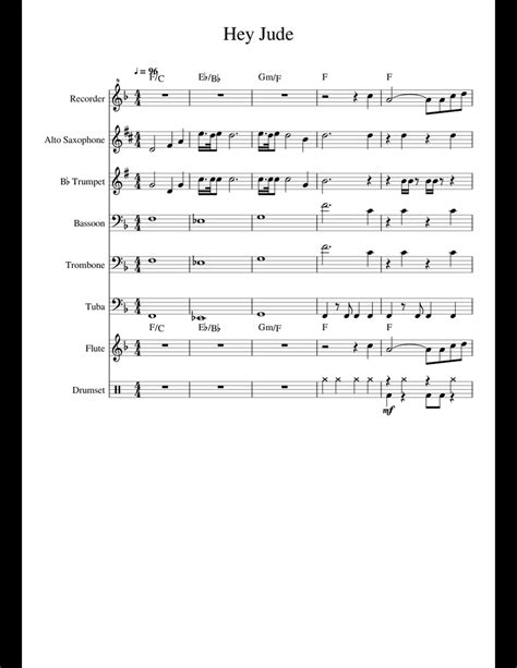 Score,set of parts sheet music by the beatles : Hey Jude sheet music for Flute, Recorder, Alto Saxophone, Trumpet download free in PDF or MIDI