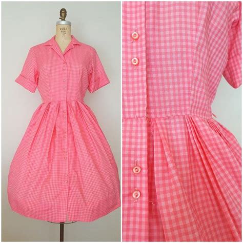 Vintage 1950s Dress Pink Checks Shirtwaist Raspberry Gingham