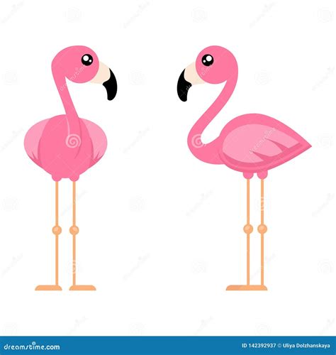Cartoon Cute Flamingo From The Front Set Vector Stock Vector