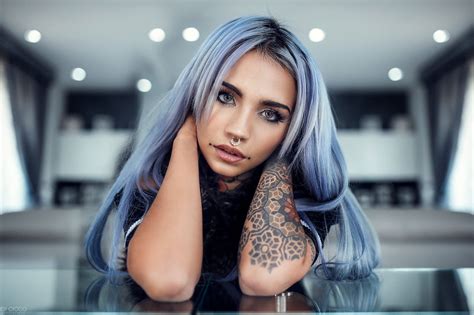 Wallpaper Womens Black Top Portrait Dyed Hair Tattoo Wallpaperforu