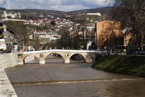 Latin Bridge Straddles The River Miljacka Sarajevo Bosnia Hercegovina
