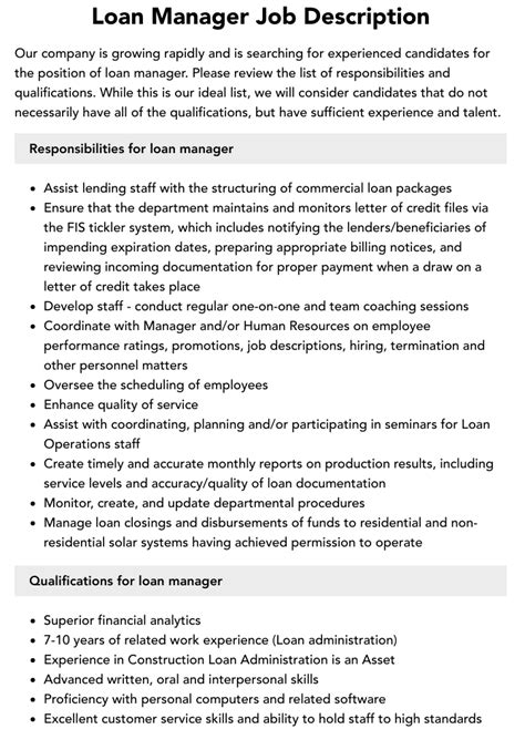 Loan Manager Job Description Velvet Jobs