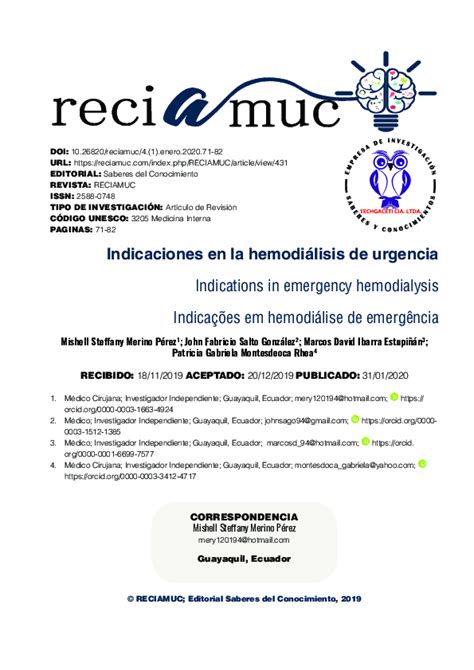 Pdf Indicaciones De Hemodiálisis En Urgencias John Salto González