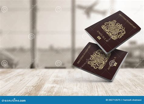 Two Anguilla Passports Are Floating In The Air On A Wood Table