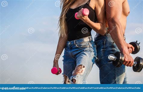 Sport Dumbbell Fitness Couple Sports Sportive Woman And Man Team