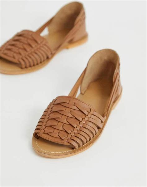 Asos Design Fran Leather Woven Flat Sandals In Sandy Tan Brown These