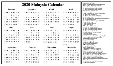 2020 Calendar With Holidays Malaysia Calendar Template Printable