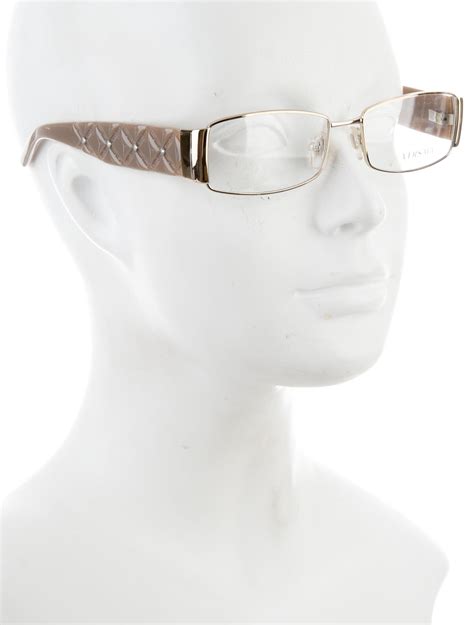 Taupe Acetate Versace Rectangular Eyeglasses With Embellishments At Arms And Clear Lenses