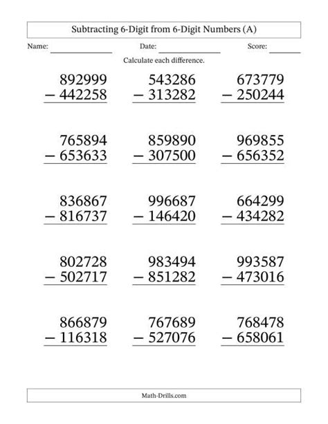 Six Digit Numbers Worksheets Substraction No Regrouping