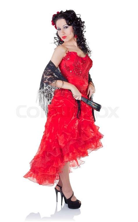 Beautiful Spanish Woman In A Red Dress Isolated On White Background